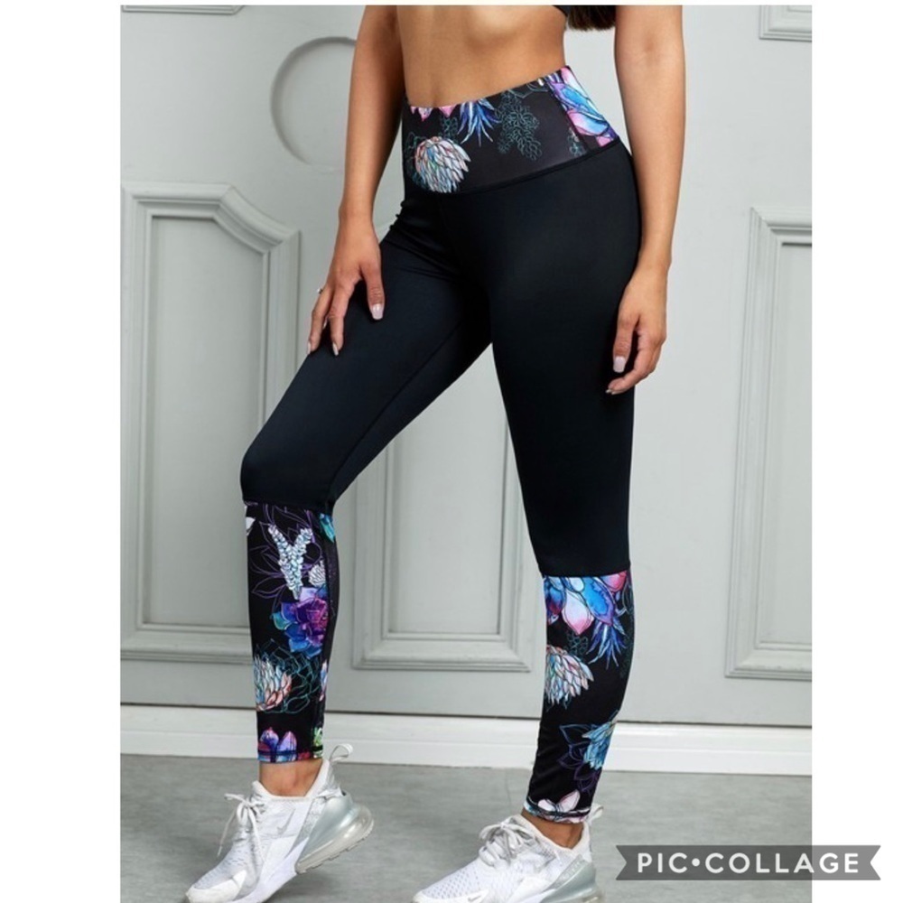 Black Floral Leggings/Workout Pants - Picture 2 of 4